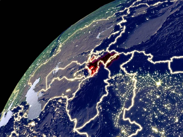 Satellite view of Tajikistan on Earth with city lights. Extremely detailed plastic planet surface with real mountains. 3D illustration. Elements of this image furnished by NASA.