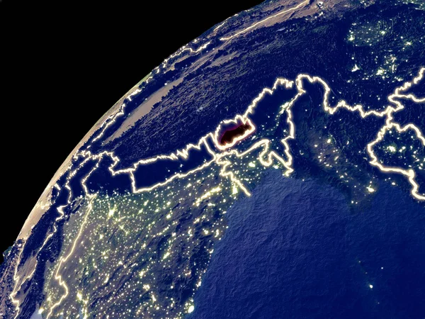 Satellite view of Bhutan on Earth with city lights. Extremely detailed plastic planet surface with real mountains. 3D illustration. Elements of this image furnished by NASA.