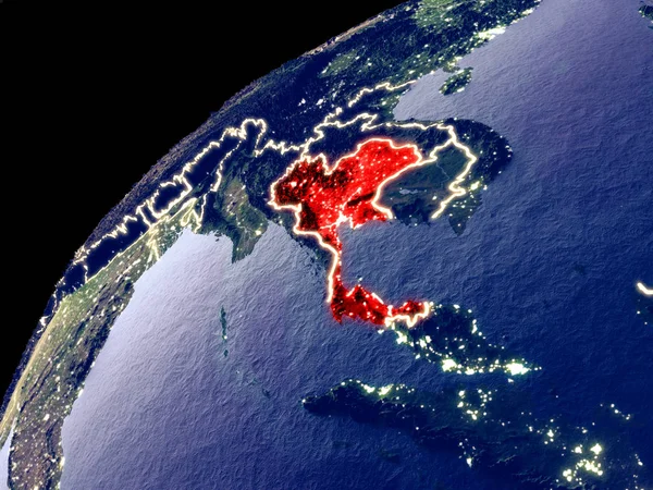 Satellite view of Thailand on Earth with city lights. Extremely detailed plastic planet surface with real mountains. 3D illustration. Elements of this image furnished by NASA.