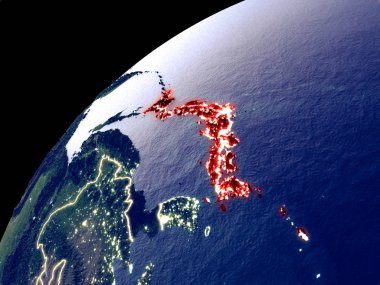 Şehir ışıkları ile Dünya'da Japonya'nın uydu görünümü. Gerçek dağlar ile son derece ayrıntılı plastik gezegen yüzeyi. 3d illüstrasyon. Nasa tarafından döşenmiş bu görüntünün elemanları.