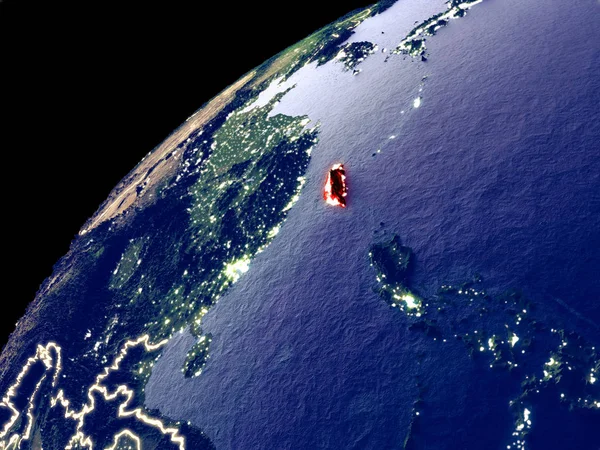 Satellite view of Taiwan on Earth with city lights. Extremely detailed plastic planet surface with real mountains. 3D illustration. Elements of this image furnished by NASA.