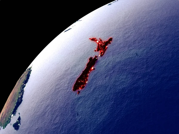 Satélite Vista Nueva Zelanda Tierra Con Luces Ciudad Superficie Planetaria —  Fotos de Stock