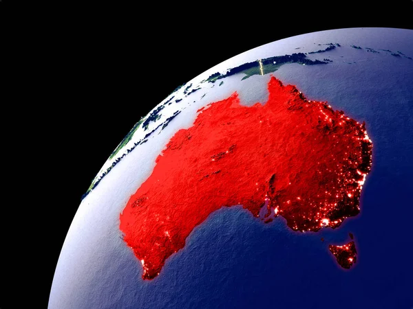 Satellite view of Australia on Earth with city lights. Extremely detailed plastic planet surface with real mountains. 3D illustration. Elements of this image furnished by NASA.