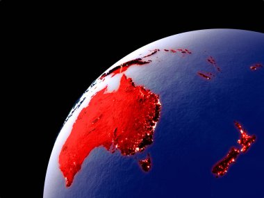 Şehir ışıkları ile Dünya'da Avustralya Uydu görünümü. Gerçek dağlar ile son derece ayrıntılı plastik gezegen yüzeyi. 3d illüstrasyon. Nasa tarafından döşenmiş bu görüntünün elemanları.
