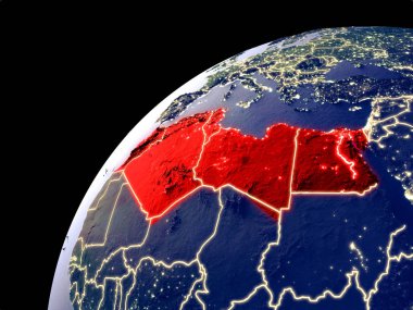 Kuzey Afrika'nın Dünya'daki uydu görüntüsü şehir ışıklarıyla. Gerçek dağlar ile son derece ayrıntılı plastik gezegen yüzeyi. 3d illüstrasyon. Nasa tarafından döşenmiş bu görüntünün elemanları.