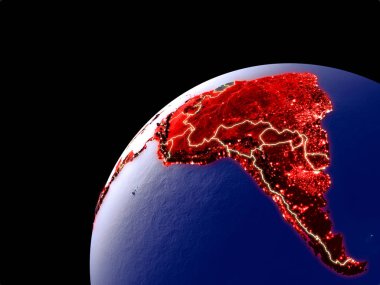 Latin Amerika'nın Dünya'daki uydu görüntüsü şehir ışıklarıyla. Gerçek dağlar ile son derece ayrıntılı plastik gezegen yüzeyi. 3d illüstrasyon. Nasa tarafından döşenmiş bu görüntünün elemanları.