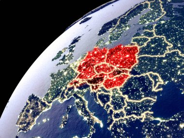 Şehir ışıkları ile Dünya'da Orta Avrupa'nın uydu görüntüsü. Gerçek dağlar ile son derece ayrıntılı plastik gezegen yüzeyi. 3d illüstrasyon. Nasa tarafından döşenmiş bu görüntünün elemanları.