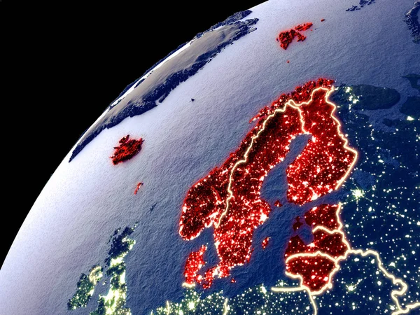 Satellite view of Northern Europe on Earth with city lights. Extremely detailed plastic planet surface with real mountains. 3D illustration. Elements of this image furnished by NASA.