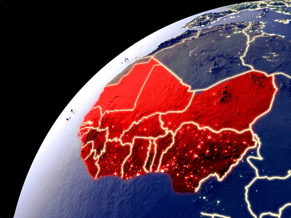 Satellite view of Western Africa on Earth with city lights. Extremely detailed plastic planet surface with real mountains. 3D illustration. Elements of this image furnished by NASA.