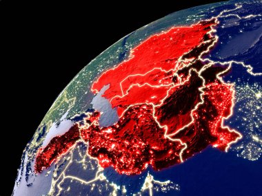 Şehir ışıkları ile Dünya'da Eco üye devletlerin uydu görünümü. Gerçek dağlar ile son derece ayrıntılı plastik gezegen yüzeyi. 3d illüstrasyon. Nasa tarafından döşenmiş bu görüntünün elemanları.