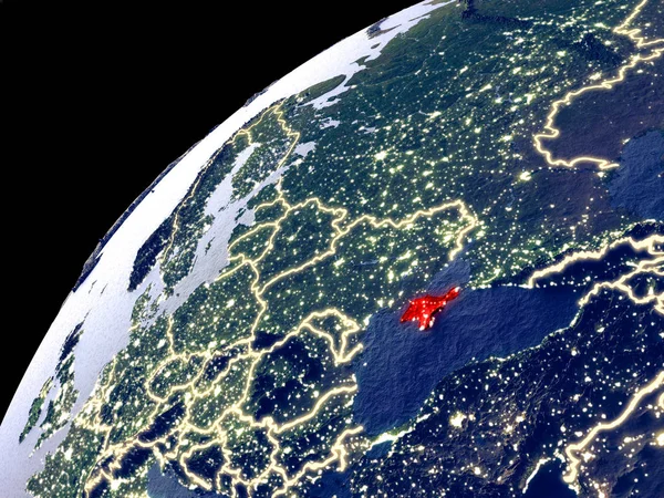Satellite view of Crimea on Earth with city lights. Extremely detailed plastic planet surface with real mountains. 3D illustration. Elements of this image furnished by NASA.