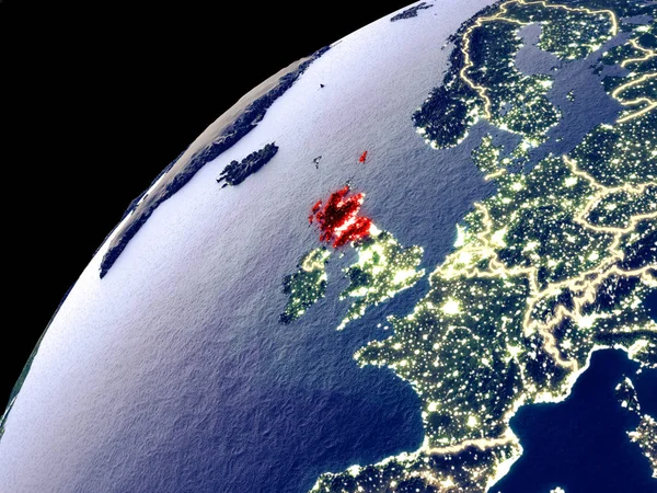 Satellite view of Scotland on Earth with city lights. Extremely detailed plastic planet surface with real mountains. 3D illustration. Elements of this image furnished by NASA.