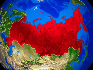 Rusya uzaydan dünya gezegeninin modelinde ülke sınırları ve çok detaylı gezegen yüzeyi ile. 3d illüstrasyon. Nasa tarafından döşenmiş bu görüntünün elemanları.