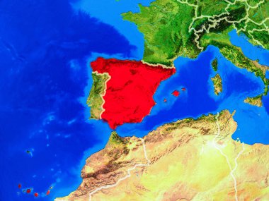 İspanya uzaydan ülke sınırları ve çok detaylı gezegen yüzeyi ile Dünya gezegeninin modeli. 3d illüstrasyon. Nasa tarafından döşenmiş bu görüntünün elemanları.