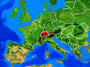 İsviçre uzaydan ülke sınırları ve çok detaylı gezegen yüzeyi ile Dünya gezegeninin modeli üzerinde. 3d illüstrasyon. Nasa tarafından döşenmiş bu görüntünün elemanları.