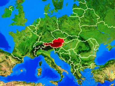 Ülke sınırları ve çok ayrıntılı gezegen yüzeyi ile dünya gezegeninin modeli üzerinde uzaydan Avusturya. 3d illüstrasyon. Nasa tarafından döşenmiş bu görüntünün elemanları.