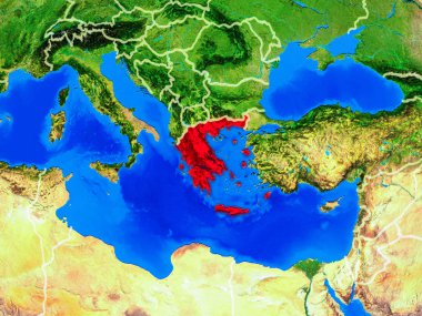 Yunanistan uzaydan ülke sınırları ve çok detaylı gezegen yüzeyi ile Dünya gezegeninin modeli. 3d illüstrasyon. Nasa tarafından döşenmiş bu görüntünün elemanları.