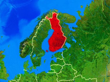 Finlandiya ülke sınırları ve çok ayrıntılı gezegen yüzeyi ile dünya gezegeninin modeli uzaydan. 3d illüstrasyon. Nasa tarafından döşenmiş bu görüntünün elemanları.