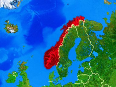 Norveç uzaydan ülke sınırları ve çok detaylı gezegen yüzeyi ile Dünya gezegeninin modeli. 3d illüstrasyon. Nasa tarafından döşenmiş bu görüntünün elemanları.