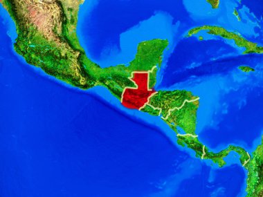 Guatemala uzaydan ülke sınırları ve çok detaylı gezegen yüzeyi ile dünya gezegeninin modeli. 3d illüstrasyon. Nasa tarafından döşenmiş bu görüntünün elemanları.