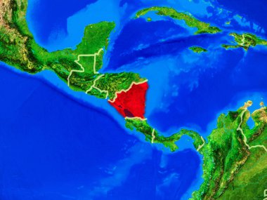 Nikaragua ülke sınırları ve çok ayrıntılı gezegen yüzeyi ile dünya gezegeninin modeli uzaydan. 3d illüstrasyon. Nasa tarafından döşenmiş bu görüntünün elemanları.