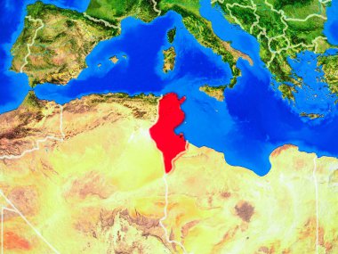 Tunus ülke sınırları ve çok ayrıntılı gezegen yüzeyi ile dünya gezegeninin modeli uzaydan. 3d illüstrasyon. Nasa tarafından döşenmiş bu görüntünün elemanları.