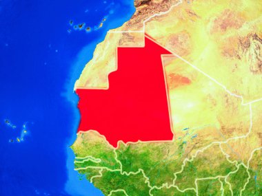 Moritanya uzaydan ülke sınırları ve çok detaylı gezegen yüzeyi ile Dünya gezegeninin modeli üzerinde. 3d illüstrasyon. Nasa tarafından döşenmiş bu görüntünün elemanları.