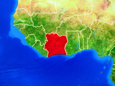 Fildişi Sahili uzaydan ülke sınırları ve çok detaylı gezegen yüzeyi ile Dünya gezegeninin modeli. 3d illüstrasyon. Nasa tarafından döşenmiş bu görüntünün elemanları.