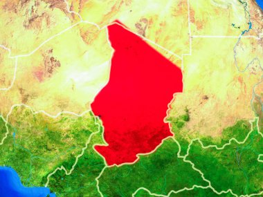Çad ülke sınırları ve çok ayrıntılı gezegen yüzeyi ile dünya gezegeninin modeli uzaydan. 3d illüstrasyon. Nasa tarafından döşenmiş bu görüntünün elemanları.
