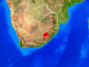 Uzaydan gelen Lesotho, Dünya 'nın ülke sınırları ve çok detaylı gezegen yüzeyi modeli. 3 boyutlu illüstrasyon. Bu görüntünün elementleri Nasa tarafından döşenmiştir.