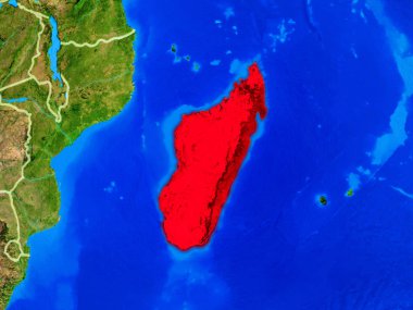 Madagaskar uzaydan ülke sınırları ve çok detaylı gezegen yüzeyi ile Dünya gezegeninin modeli üzerinde. 3d illüstrasyon. Nasa tarafından döşenmiş bu görüntünün elemanları.