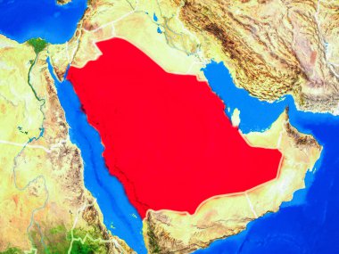 Suudi Arabistan uzaydan ülke sınırları ve çok detaylı gezegen yüzeyi ile Dünya gezegeni modeli. 3d illüstrasyon. Nasa tarafından döşenmiş bu görüntünün elemanları.