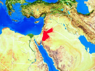 Ürdün uzaydan ülke sınırları ve çok detaylı gezegen yüzeyi ile Dünya gezegeninin modeli üzerinde. 3d illüstrasyon. Nasa tarafından döşenmiş bu görüntünün elemanları.
