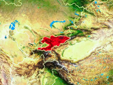 Kırgızistan uzaydan ülke sınırları ve çok detaylı gezegen yüzeyi ile Dünya gezegeni modeli. 3d illüstrasyon. Nasa tarafından döşenmiş bu görüntünün elemanları.