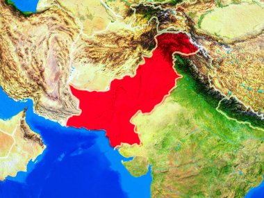 Pakistan uzaydan ülke sınırları ve çok detaylı gezegen yüzeyi ile Dünya gezegeninin modeli üzerinde. 3d illüstrasyon. Nasa tarafından döşenmiş bu görüntünün elemanları.