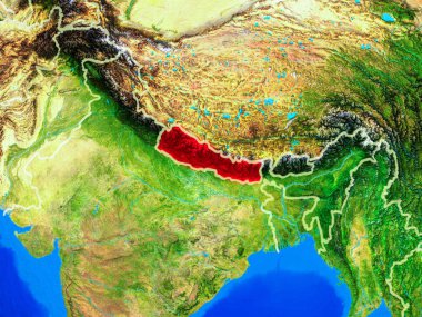 Ülke sınırları ve çok ayrıntılı gezegen yüzeyi ile dünya gezegeninin modeli üzerinde uzaydan Nepal. 3d illüstrasyon. Nasa tarafından döşenmiş bu görüntünün elemanları.