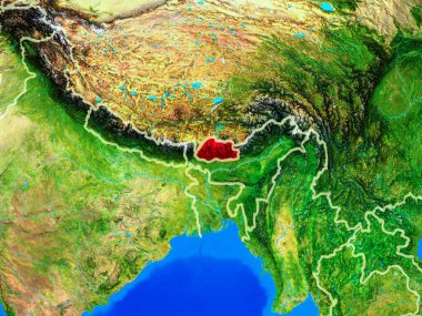 Ülke sınırları ve çok ayrıntılı gezegen yüzeyi ile dünya gezegeninin modeli uzaydan Bhutan. 3d illüstrasyon. Nasa tarafından döşenmiş bu görüntünün elemanları.