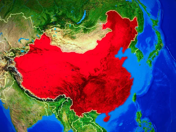China from space on model of planet Earth with country borders and very detailed planet surface. 3D illustration. Elements of this image furnished by NASA.