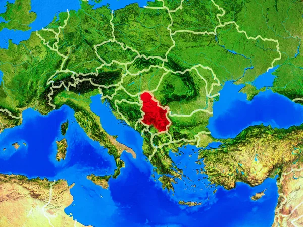Serbia Aus Dem All Modell Des Planeten Erde Mit Ländergrenzen — Stockfoto