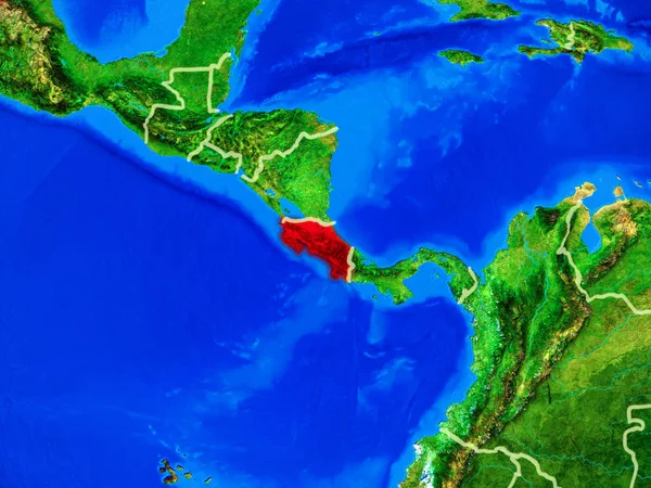 哥斯达黎加从太空的行星模型与国家边界和非常详细的行星表面 这张图片的元素由美国宇航局提供 — 图库照片