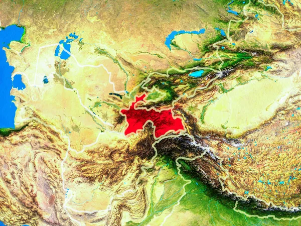 Таджикистан Космосу Моделі Планети Земля Кордонами Країн Дуже Детальною Поверхнею — стокове фото
