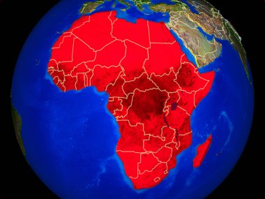 Afrika uzaydan dünya gezegeninin modelinde ülke sınırları ve çok detaylı gezegen yüzeyi ile. 3d illüstrasyon. Nasa tarafından döşenmiş bu görüntünün elemanları.