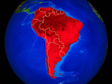 Güney Amerika uzaydan dünya gezegeninin ülke sınırları ve çok detaylı gezegen yüzeyi modeli. 3d illüstrasyon. Nasa tarafından döşenmiş bu görüntünün elemanları.