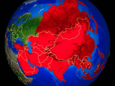 Asya uzaydan ülke sınırları ve çok detaylı gezegen yüzeyi ile Dünya gezegeninin modeli. 3d illüstrasyon. Nasa tarafından döşenmiş bu görüntünün elemanları.