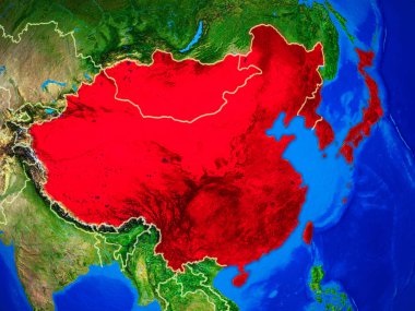 Doğu Asya uzaydan dünya gezegeninin modeli nde ülke sınırları ve çok detaylı gezegen yüzeyi ile. 3d illüstrasyon. Nasa tarafından döşenmiş bu görüntünün elemanları.