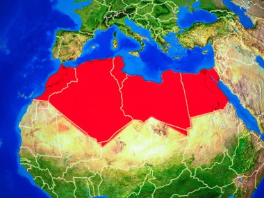Kuzey Afrika uzaydan dünya gezegeninin modeli nde ülke sınırları ve çok detaylı gezegen yüzeyi ile. 3d illüstrasyon. Nasa tarafından döşenmiş bu görüntünün elemanları.