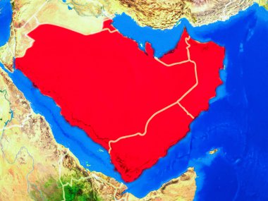 Ülke sınırları ve çok ayrıntılı gezegen yüzeyi ile dünya gezegeninin modeli uzaydan Arabistan. 3d illüstrasyon. Nasa tarafından döşenmiş bu görüntünün elemanları.