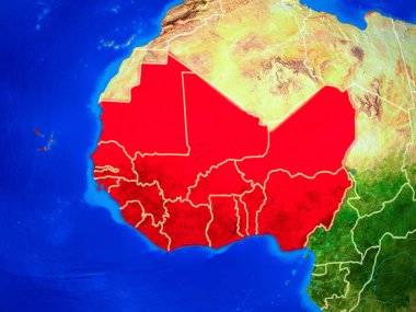 Uzaydan, Dünya 'nın ülke sınırları ve çok detaylı gezegen yüzeyi modeli üzerine Batı Afrika. 3 boyutlu illüstrasyon. Bu görüntünün elementleri Nasa tarafından döşenmiştir.