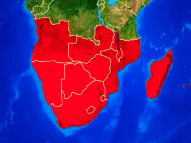 Güney Afrika uzaydan dünya gezegeninin modelinde ülke sınırları ve çok detaylı gezegen yüzeyi ile. 3d illüstrasyon. Nasa tarafından döşenmiş bu görüntünün elemanları.