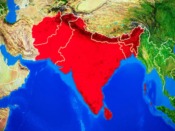 South Asia from space on model of planet Earth with country borders and very detailed planet surface. 3D illustration. Elements of this image furnished by NASA.